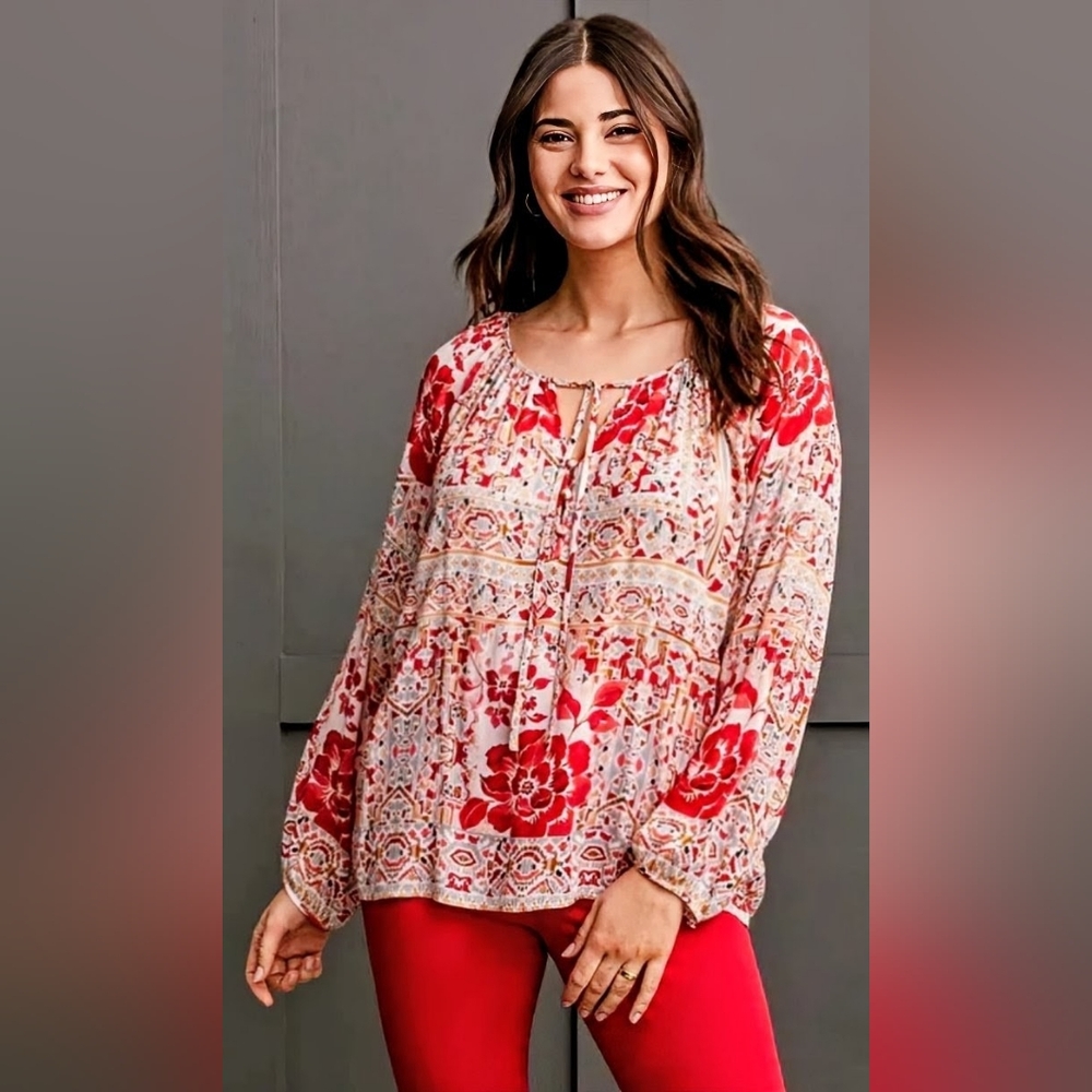Tribal: Small Flowy Printed Crepe Blouse – Scarlet Multi - Picture 3 of 13